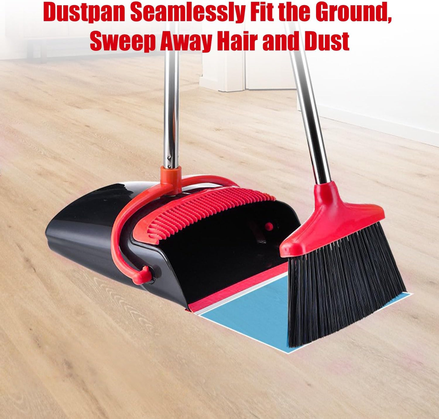 Broom and Dustpan Set with Long Handle – Upright Standing Broom Combo with Self-Cleaning Teeth & Windproof Dustpan, Floor Sweeper for Home, Kitchen, Pet Hair, Indoor Outdoor Use