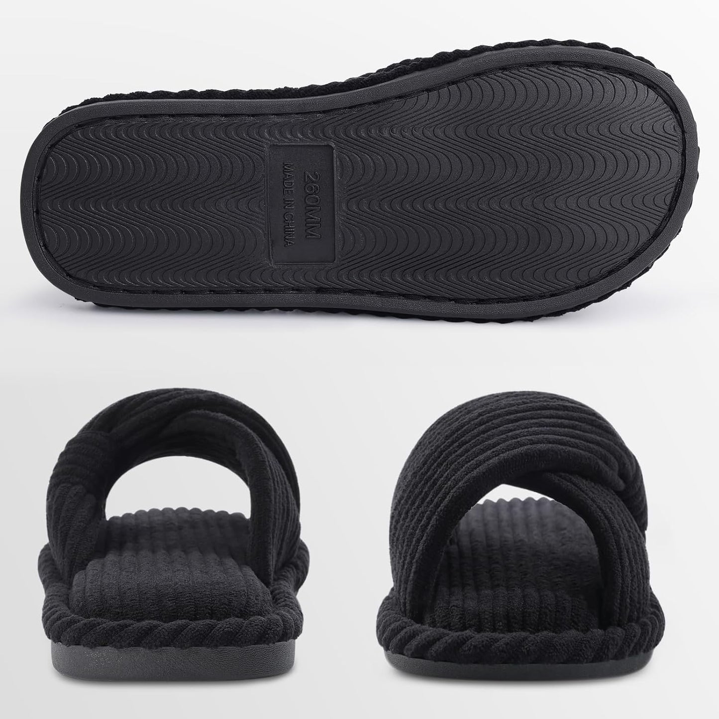 Evshine Summer House Slippers for Women Corduroy Cross Bow Indoor Slippers Open Toe Slip On Bedroom Shoes with Memory Foam