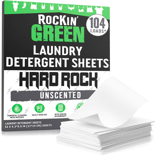 Rockin' Green Hard Rock Travel Laundry Detergent Sheets for Hard Water - Mess-Free Laundry Sheet Detergent with Sodium Bicarbonate - Easily Dissolvable Laundry Soap Sheets (104 Loads, Unscented)