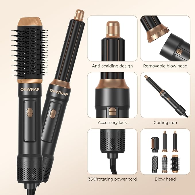 6 in ONE Blow Dryer Brush,Air Curling Iron Round Brush Blow Dryer 800W,Ionic Hair Dryer Brush for Women, Hot Air Brush Hair Styling Tools 100-120V (Black)