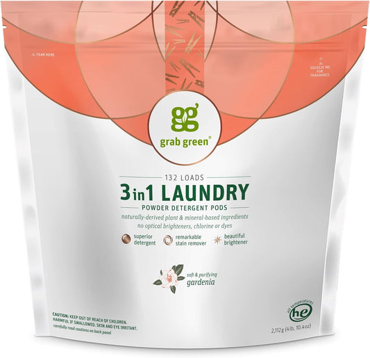 Grab Green 3-in-1 Laundry Detergent Pods, 132 Count, Gardenia Scent, Plant and Mineral Based, Superior Cleaning Power, Stain Remover, Brightens Clothes