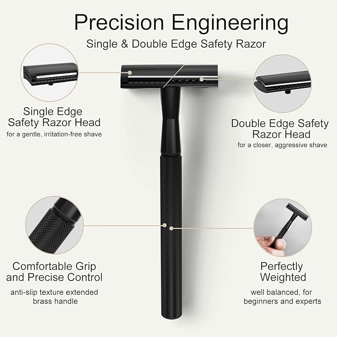 Safety Razor with Stand - Single Blade Razors for Men and Women - Reusable Metal Razor, with 10 Double Edge Blades, Smooth Close Shave, Plastic Free, Matte Black