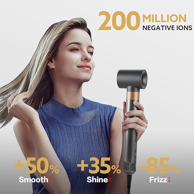 5 in 1 Hot Air Brush Hair Dryer Air Styler - 110,000 RPM Fast Drying, Curling, Straightening with Ceramic Coating & Negative Ion, No Heat Damage for All Hair Types, Includes Travel Case (Gold)