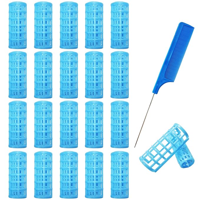 20 Pack Snap Hair Roller Plastic Hair Rollers Set, 0.98Inch/2.5cm Heatless Rollers with Mini Comb, Snap on Rollers for Fine Thin Hair, Self Grip Roller for DIY （SIZE L BLUE）