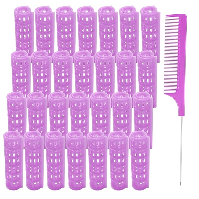 28PCS Plastic Hair Rollers Set 1.5cm/0.6in Heatless Hair Rollers Hair Curlers Snap on Rollers Self Grip Rollers Hairdressing Curlers Tools for DIY Hairdressing Hair Salon（purple）