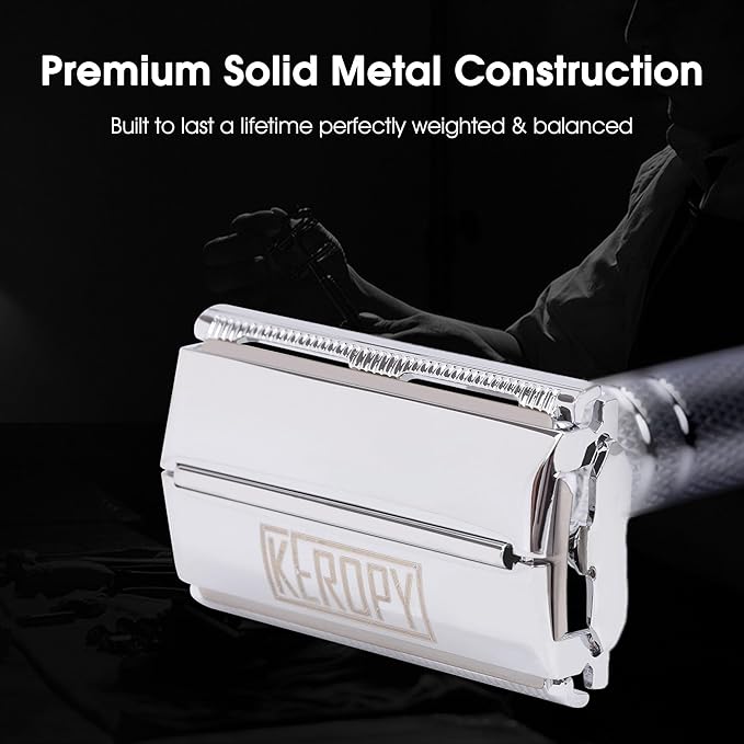 Professional Heavyweight Butterfly Safety Razor for Men - Stainless Steel Single Blade Double Edge De Razor Long Handle with 10 Double Edge Blades - Wet Shaving Kit - Mirror Polished Silver