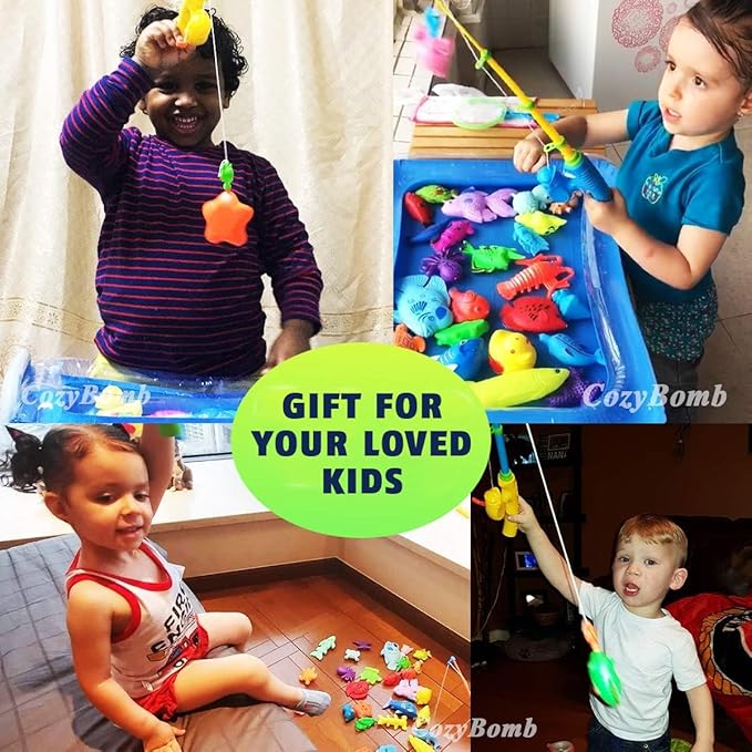 CozyBomB™ Kids Fishing Bath Toys Game | Magnetic Floating Toy Magnet Pole Rod Net, Plastic Floating Fish Toddler Pool Education Teaching and Learning Colors Birthday Age 3 4 5 6 Year