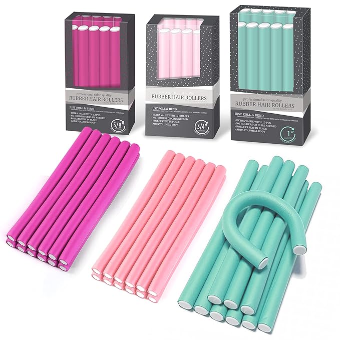 My Beauty Spot Flexi Rods Foam Hair Rollers 5/8" Professional Salon Quality 12 Pcs Rubber Hair Rollers for Long, Medium and Short Hair (Pink)