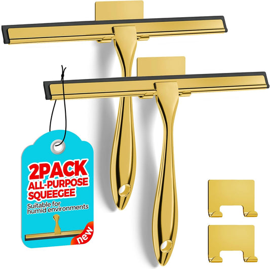 2PACK 10-Inch Golden All-Purpose Shower Squeegee for Shower Doors, Bath Linen Sets, Tile Shower Walls, Bathroom, Window, Glass and Car Windshield, Mirrors and Kitchen-Stainless Steel