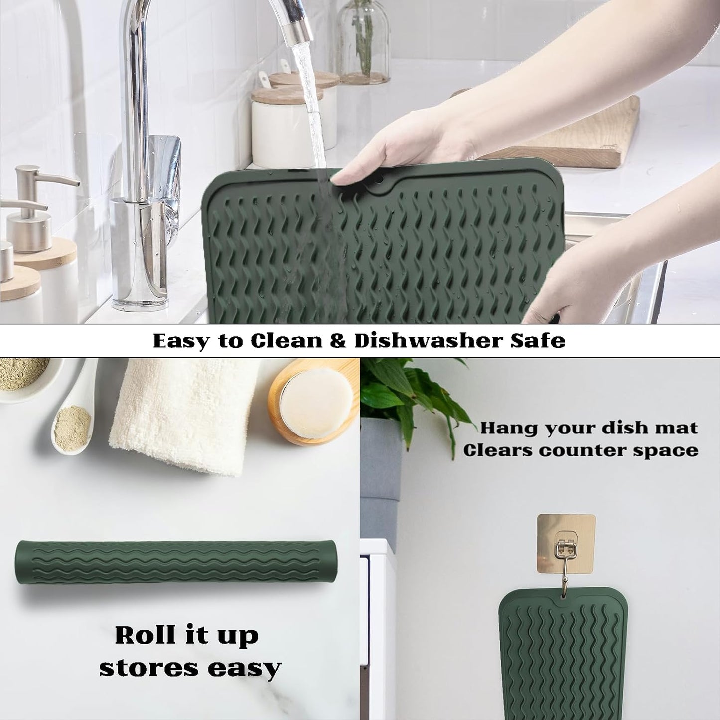 ZLR Silicone Dish Drying Mat for Kitchen Counter, Eco-Friendly Fast Dry Dish Mat, Easy Clean Multi Usage Drying Matt, Heat Resistant Trivet, 12" x 16" Large, Dark Green