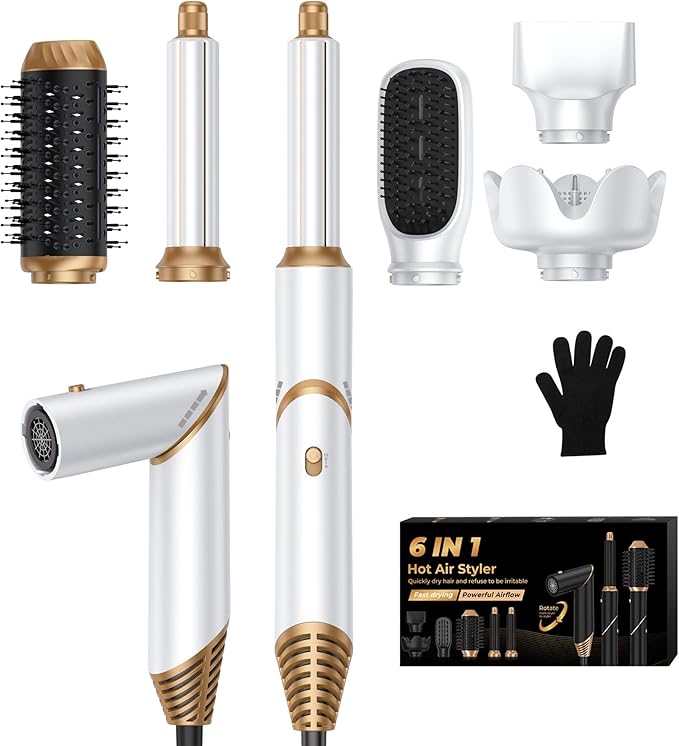 6 in 1 Hair Dryer Brush, Foldable Blow Dryer Brush with Wrap Curler, Detachable Air Hair Styler Curling, Drying,Volumizing, Straightening, Negative Ionic Hair Dryer with Diffuser, Hair Styling Tools