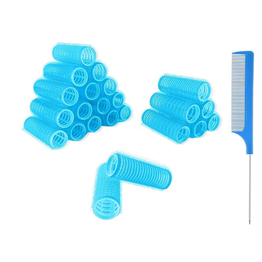 24PCS Self Grip Heatless Roller Set for Pro Salon Hairdressing and DIY Hairstyling - Medium Short Hair Curlers with Rat Tail Comb (0.8in, Light Blue)