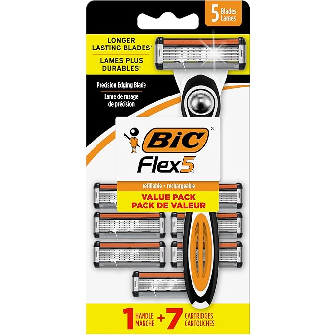 BIC Flex 5 Refillable Men's 5 Blade Razors, Long-Lasting and Comfortable Shave, 1 Handle and 7 Cartridges-Pack