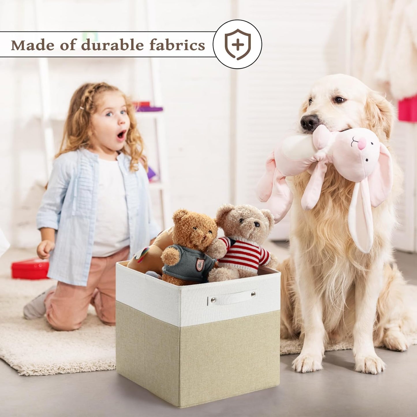 13 x 13 Inch Fine Linen Storage Bins with Handles，Fabric Cube Boxs，Collapsible Basket Organizers for Shelves for Home, Closet Drawers (White/Khaki-4 Pack)