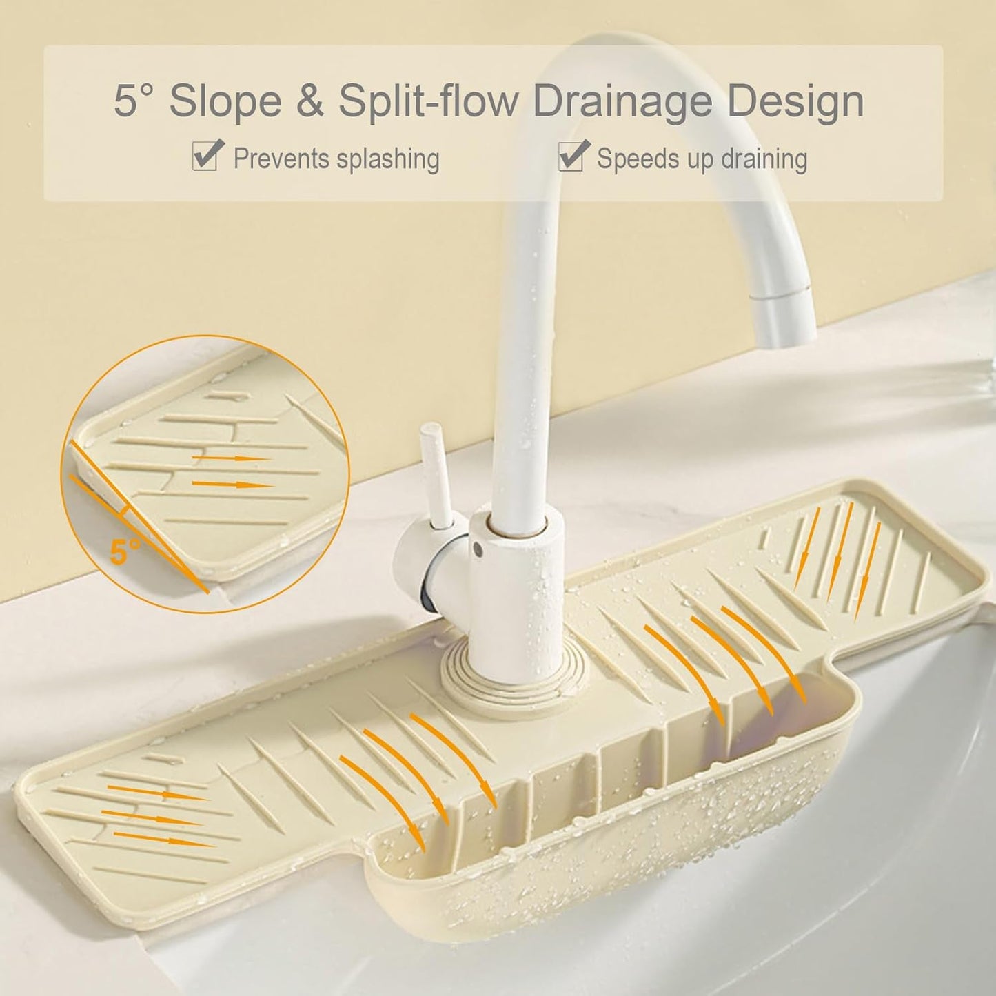 Silicone Faucet Mat with Sponge Holder, Sink Splash Guard, Faucet Draining Mat for Kitchen Bathroom, 5° Slope Split-flow Drainage, Sink Dry and Tidy Organizer, Gray