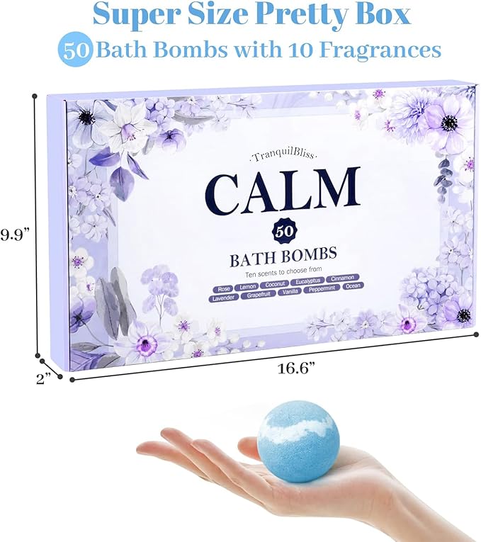 TranquilBliss Bath Bombs Set 50 PCS with 10 Rich Scents, Bath Bombs for Women, Natural Bubble Bombs with Shea Butter & Safe Oil, Ideal for Christmas, Birthday, Mother's Day Present (Purple)