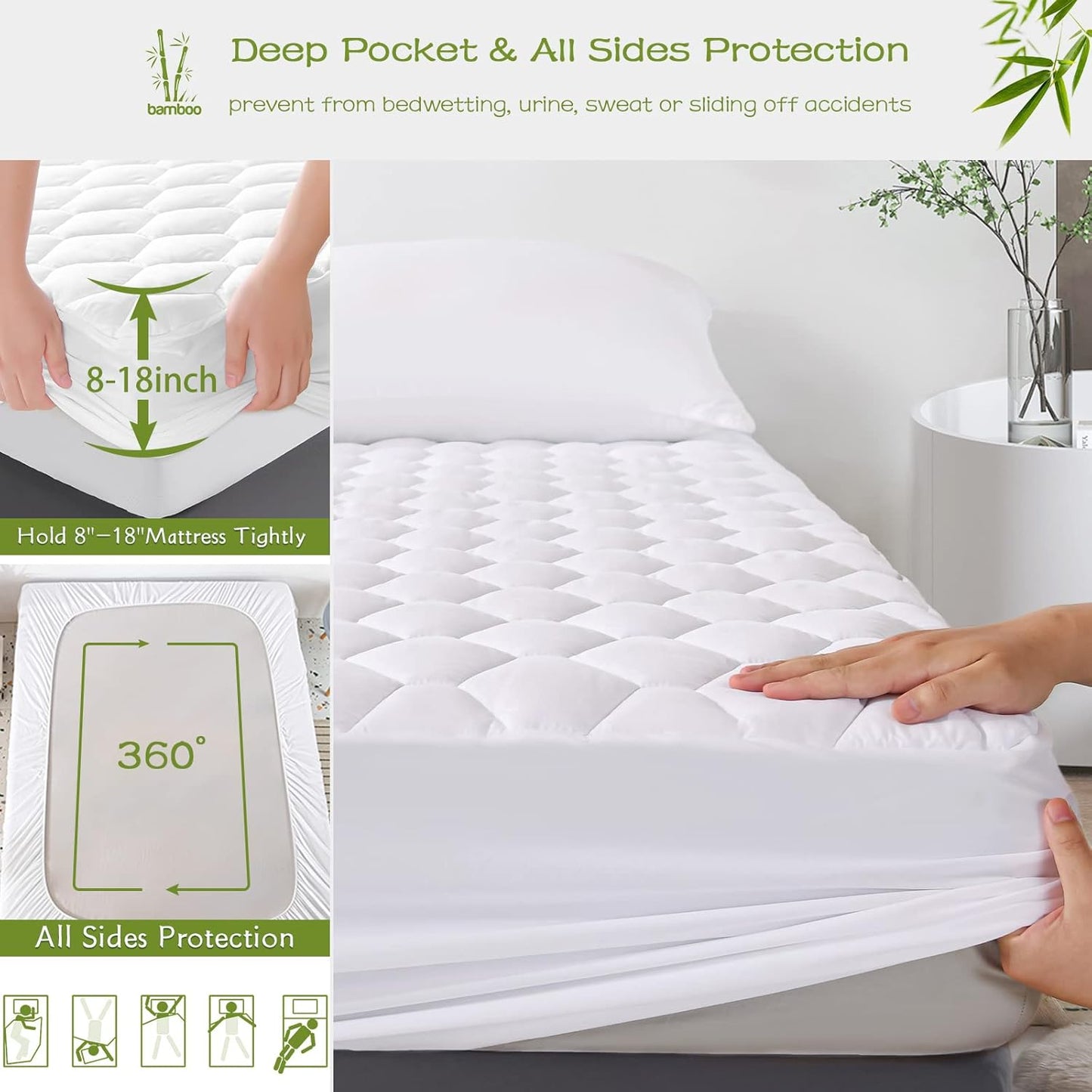 GRT Full Mattress Protector Waterproof, Rayon from Bamboo, Cooling Quilted Fitted Mattress Pad, Noiseless Waterproof Mattress Cover, fits up to 18" Deep, Dust Proof White