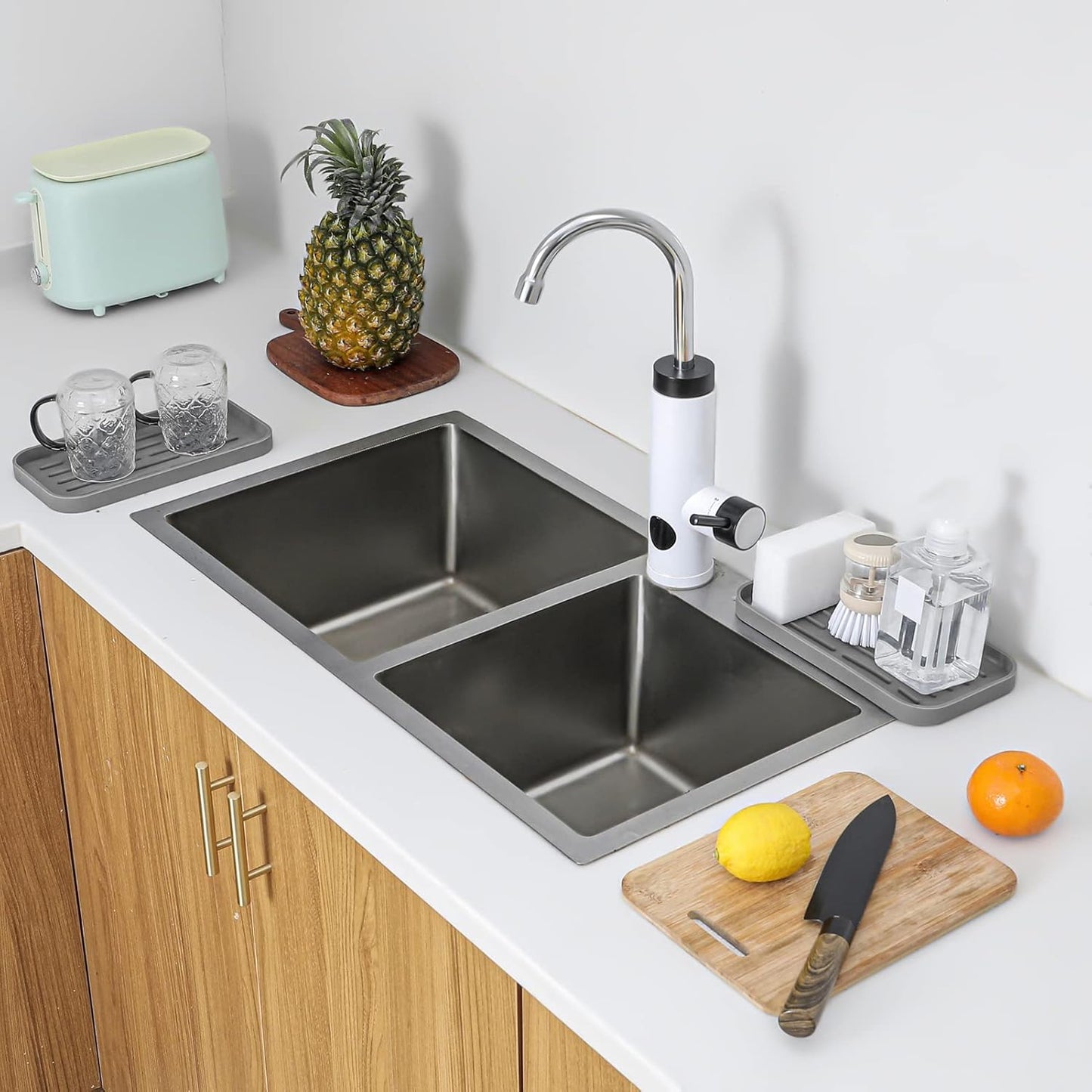 Silicone Kitchen Sink Organizer Tray for Multiple Usage,Eco-Friendly Sponges Holder for Kitchen Bathroom Counter or Sink,Dish Soap Dispenser,Scrubber,Bottle,Cup (Grey, 10"×5.3")