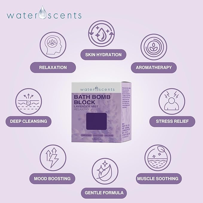 Water Scents Lavender Mist Bath Bomb Block | Vegan, Cruelty-Free & Natural | Lavender Aromatherapy Bath Bomb for Stress Relief & Moisturizing | Handmade Spa Gift for Women, 3.5 oz (6pks)