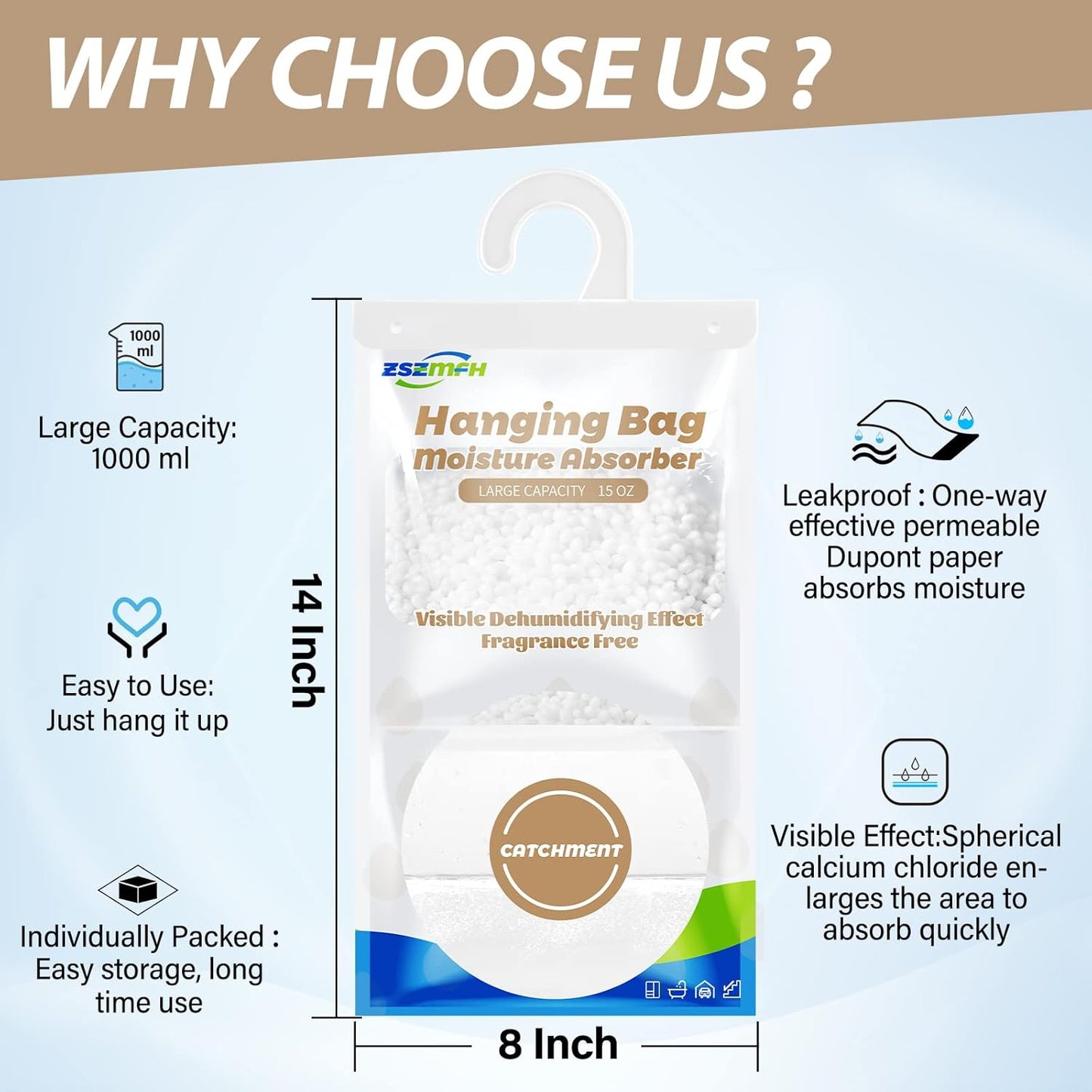 ZSZMFH 10 Pack Moisture Absorber Hanging Bags, Fragrance Free Humidity Packs, 15 OZ Dehumidifier Bags Effectively Trap Extra Moisture,Hanging Closet Dehumidifier Bags-425g/pack
