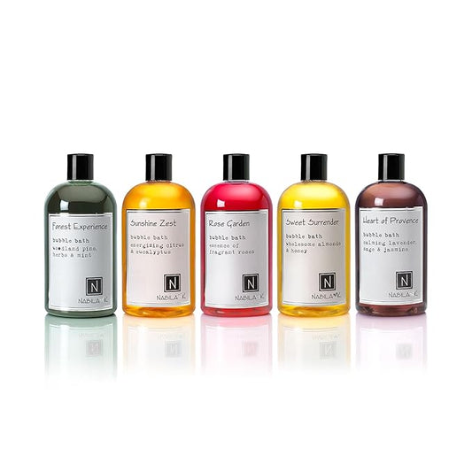 Assorted Bubble Bath Collection (Set of 5) by Nabila K - Forest Experience, Sunshine Zest, Rose Garden, Sweet Surrender, Heart of Provence - Essential Oils with Natural Ingredients - 16 oz