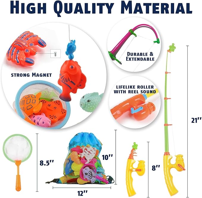 CozyBomB™ Magnetic Fishing Toys Game Set for Kids | Water Table Bathtub Kiddie Pool Party & Pole Rod Net, Plastic Floating Fish Toddler Color Ocean Sea Animals Birthday Age 3 4 5 6 Year