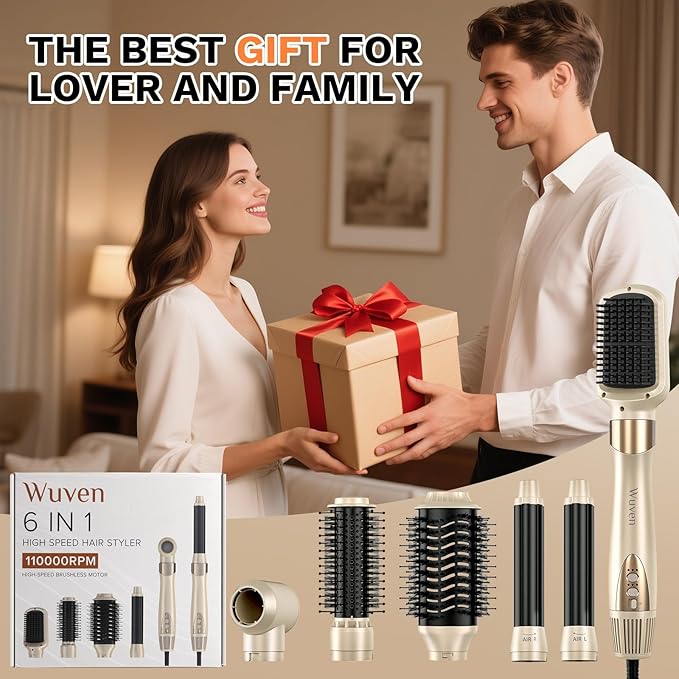 6 in 1 Hot Air Wrap Hair Styler, 110,000 RPM High-Speed Hair Dryer & Auto Wrap Curler, No Heat Damage Blow Dryer Brush for Fast Drying, Curling, Volumizing, Straightening with Travel Bag