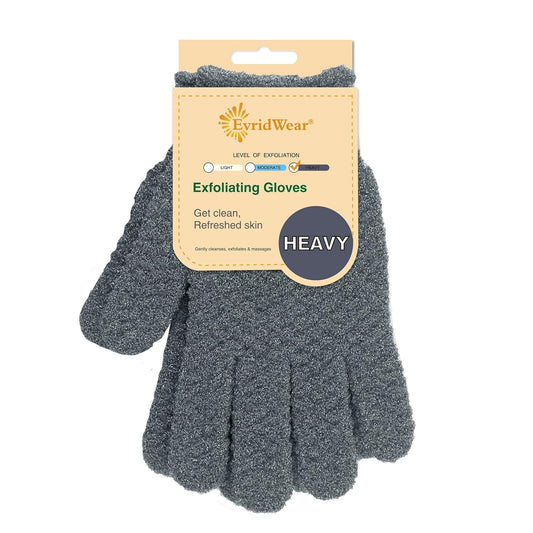 Evridwear Exfoliating Dual Texture Bath Gloves for Shower, Spa, Massage and Body Scrubs, Dead Skin Cell Remover, Gloves with Hanging Loop (1 Pair Gray Heavy Glove)