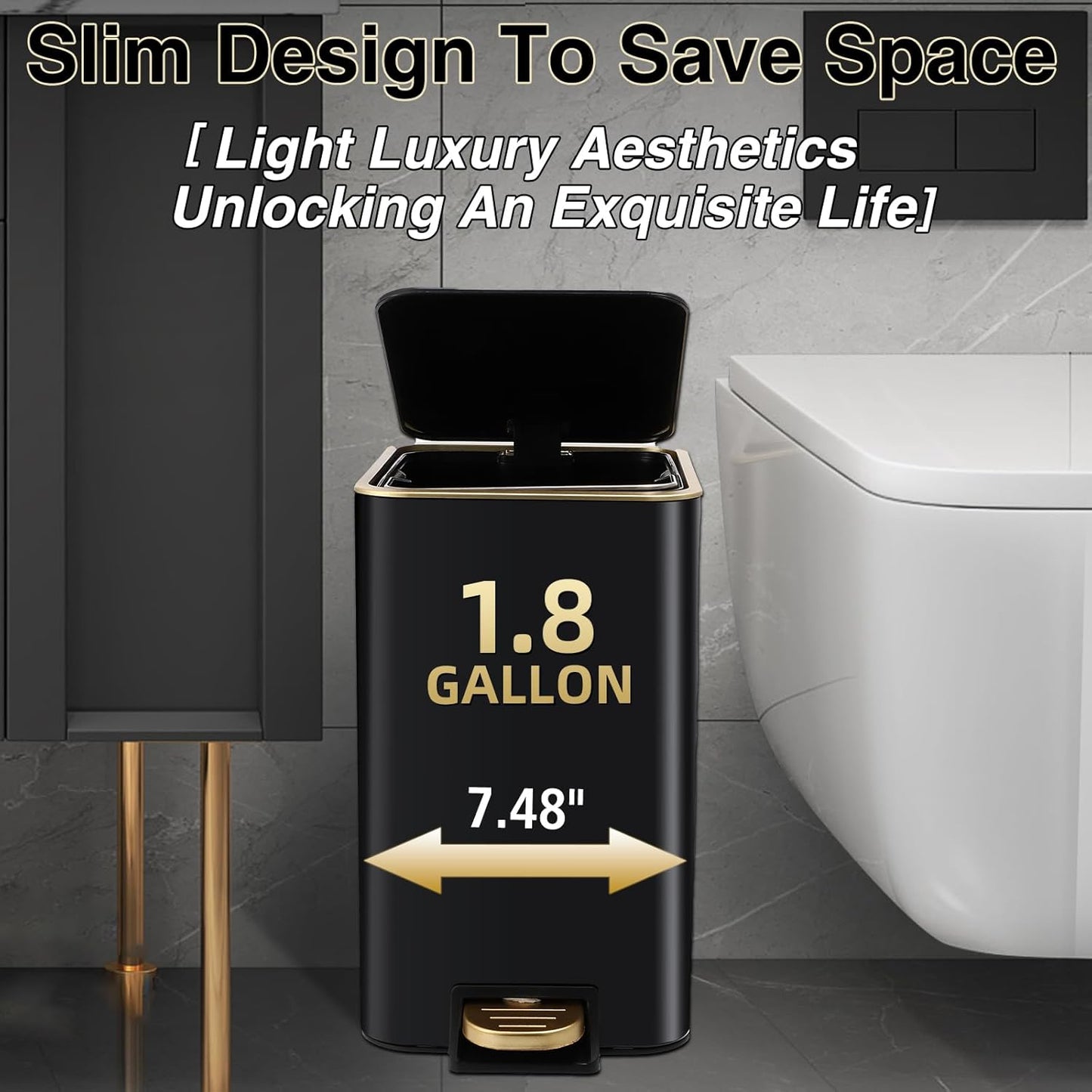 Small Bathroom Trash Can with Lid Soft Close, 1.8 Gallon Stainless Steel Garbage Can with Removable Inner Bucket,Wicker Storage Baskets,75Count Trash Bags, Slim Step Pedal Trash Bins