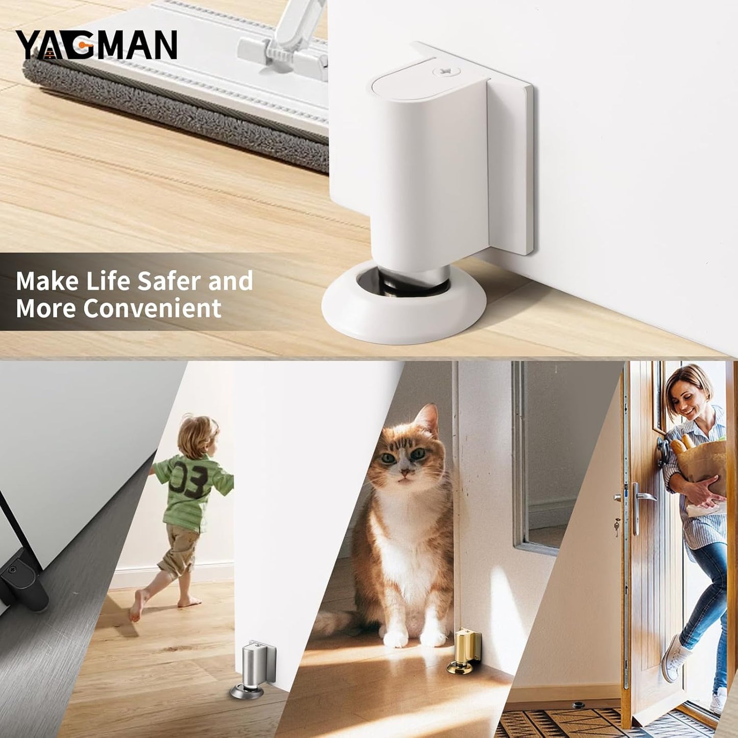 2 Pack Magnetic Door Stoppers Retractable Bottom of Door Holder No Drilling Mount Floor Door Stop with Screws and Adhesive Catch Door Keep Door Open White WT-2