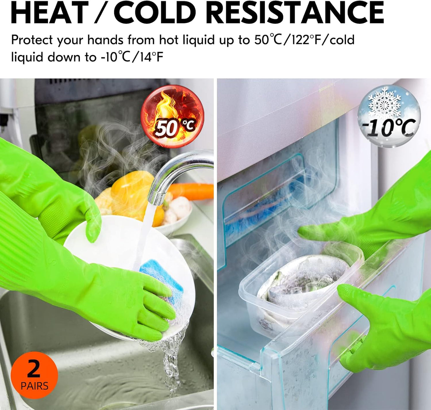 Vgo 2-Pairs Dishwashing Gloves, Reusable Household Gloves, Long Sleeve, Thick Latex, Cleaning, Washing, Working, Painting, Gardening, Pet Care (Size S, Green, RB2143)