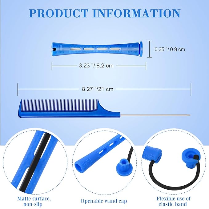 24 Pieces Plastic Hair Perming Rods and Rollers with Steel Pintail Comb for Hairdressing Styling (0.35 Inches, Blue)
