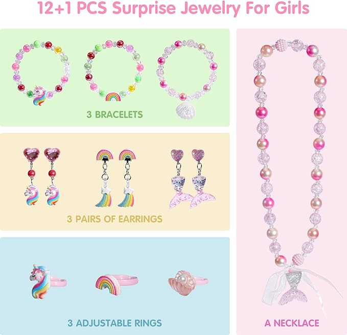 Kids Bath Bombs for Girls with Toys Inside, 12+1 Pack Unicorn Bath Bombs with Surprise Jewelry for Kids, Princess Girls BathBombs with Mermaid Necklace 3 4 Year Old Girl Birthday Easter Gifts