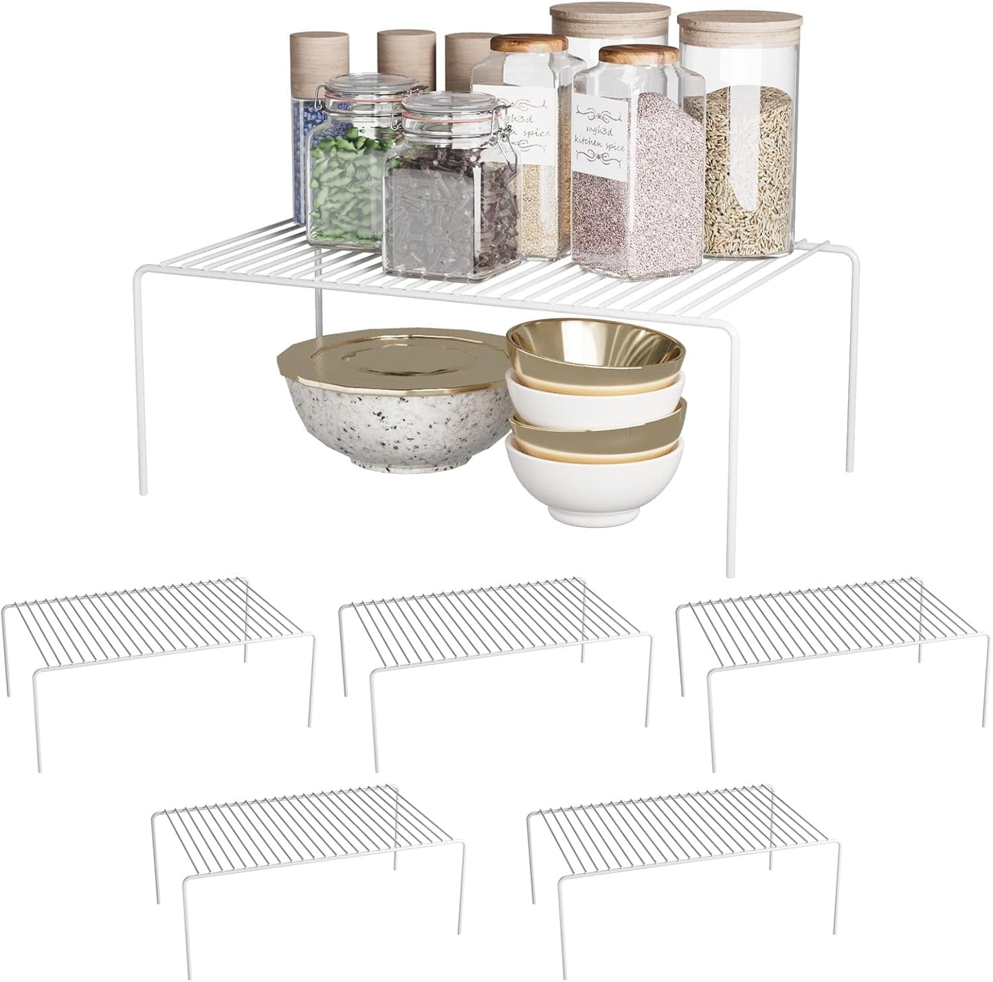 Medium(13 x 9.4 inch)White Cabinet Storage Shelf Rack Set of 6, Rustproof Metal Wire Kitchen Counter Organizers and Storage, Spice Organization for Cabinet, Plate, Dish, Pantry, Bathroom, Fridge