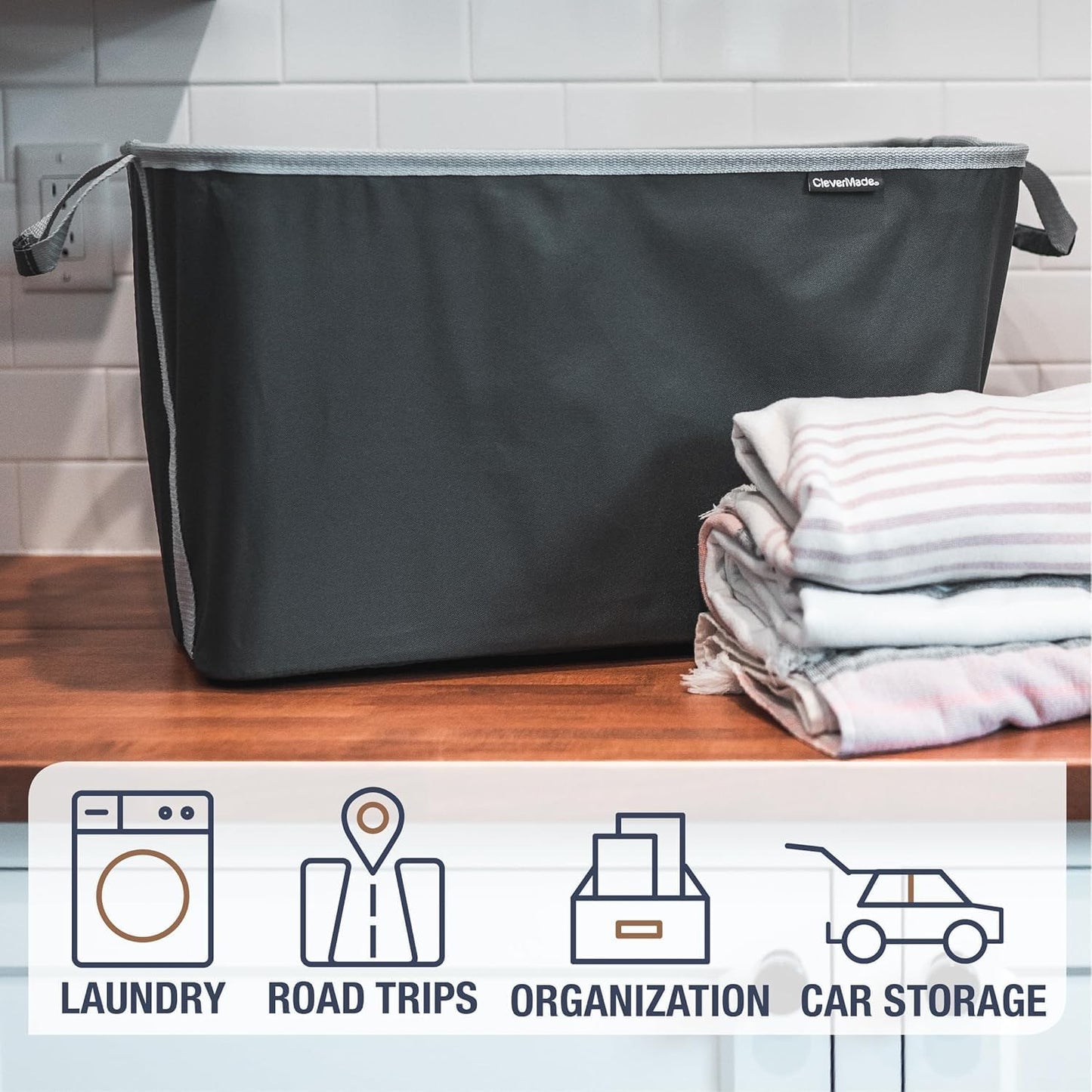 CleverMade Collapsible Laundry Basket Hamper - LUXE Navy Noir Cream 2Pack 60L - Space Saving Storage Organizer with Handles Foldable Home Organization