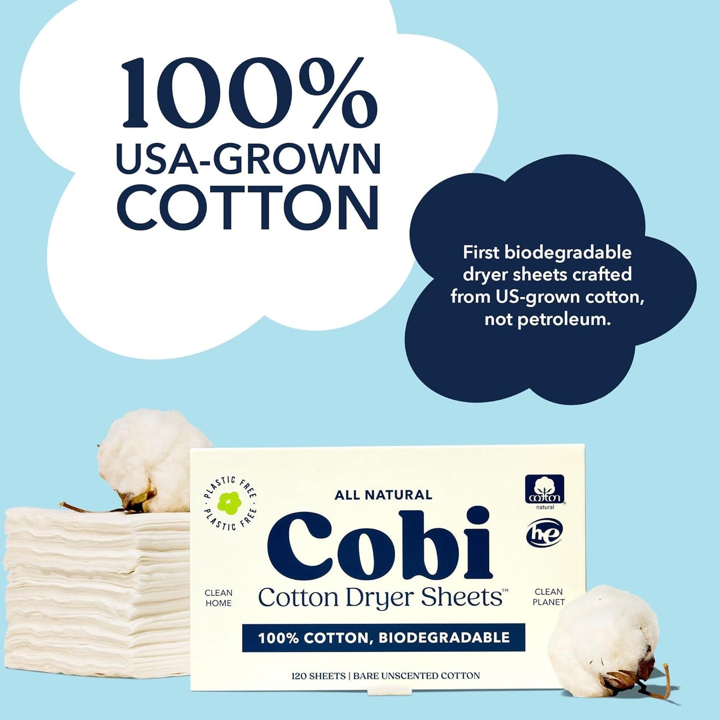 Cobi Eco-Friendly Dryer Sheets - 100% Cotton Biodegradable Non-Toxic & Unscented for Sensitive Skin, Clean Plant-Based Static Control, 120 Count
