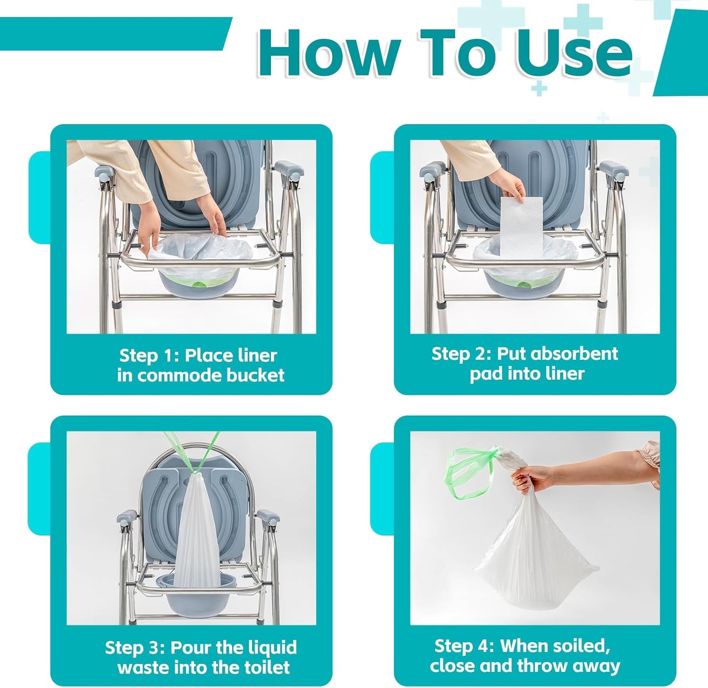 120 Pack Commode Liners with Super Absorbent Pads, Disposable Leakproof Bedside Commode Bags, Universal Fit for Standard Toilet Chair Buckets(120 Bags+120 Pads) (120PACK)