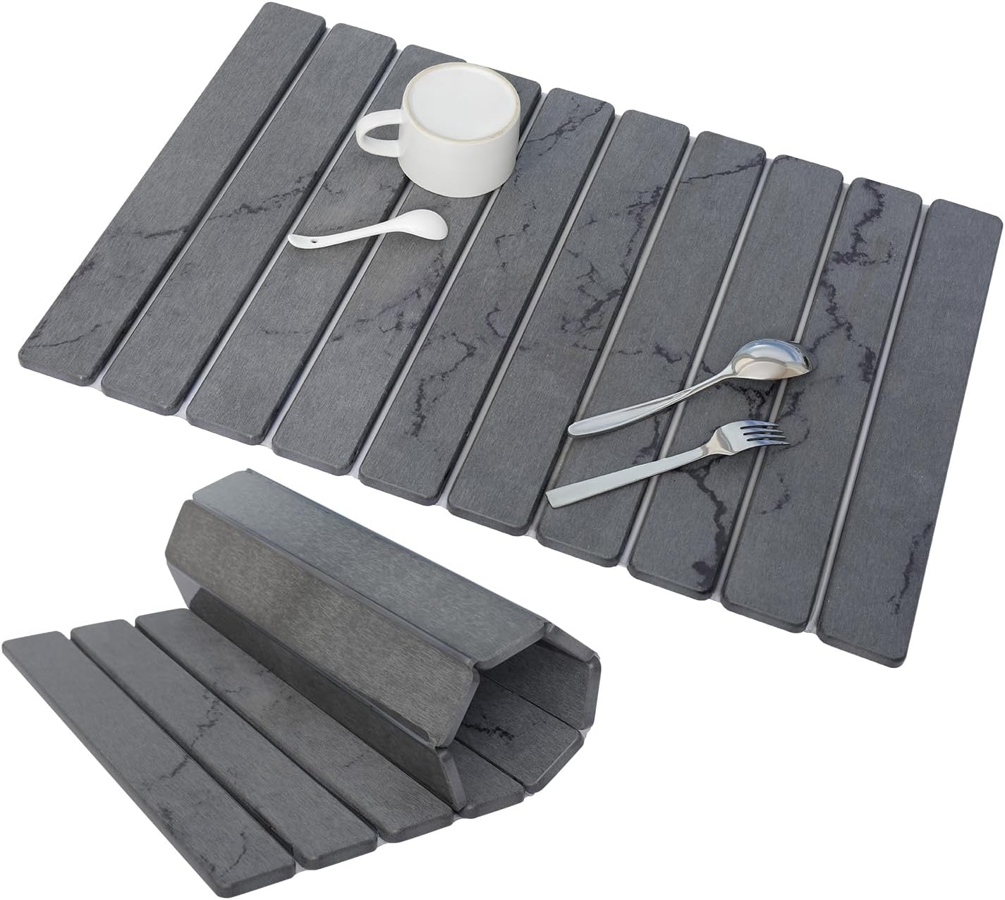 Stone Drying Mat for Kitchen Counter 24"×16" ,Large Dish Drying Mat with Drainage Grooves, Non-Slip Silicone Drying Mat, Absorbent Counter Protector for Dishes, Utensils