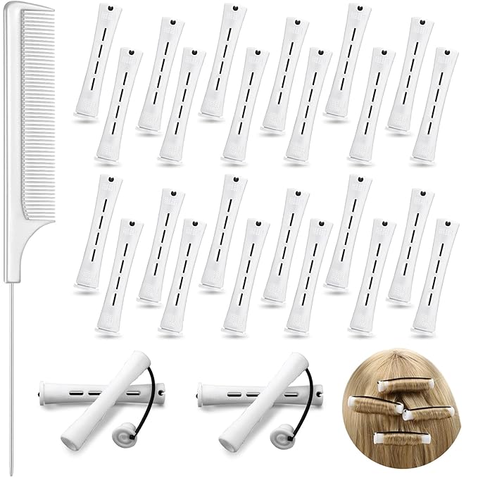 24 Pieces Hair Perm Rods Plastic Cold Wave Perming Curlers Hair Rollers with Steel Pintail Comb Rat Tail Comb Tools for Hairdressing Styling(White,0.63 Inches)