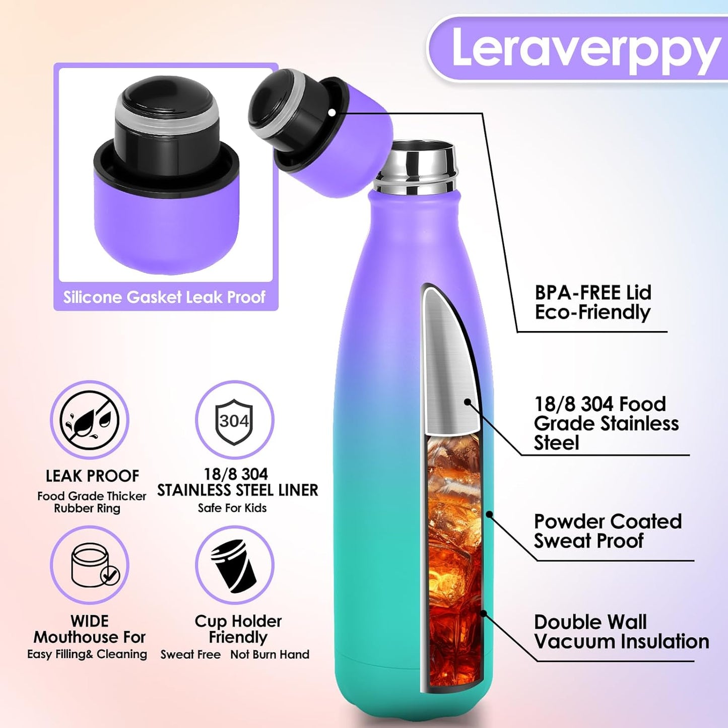 25oz Cola-Bottle Shaped Stainless Steel Leak-proof Water Bottle,Double Wall Vacuum Insulated Metal,Travel Mug For Sports Indoors & Outdoors,BPA-Free Kids Flasks,Purple Green(2 Pack)