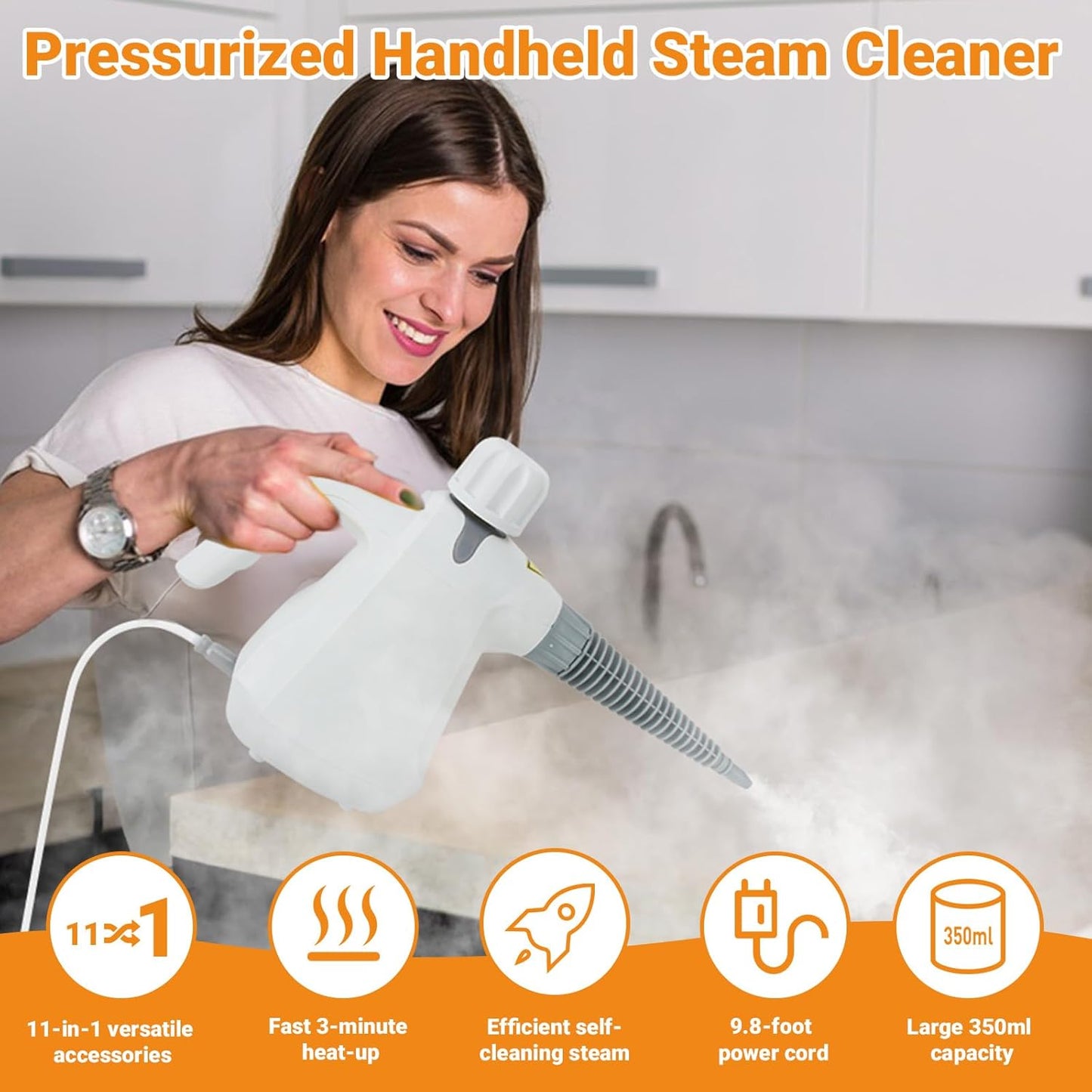 Pressurized Handheld Steam Cleaner with 11 pcs Accessories and Safety Lock, Multipurpose Steam Cleaner for Home, Portable Steamer for Cleaning Kitchen, Bathroom, Car, Floor, Furniture, Grout, Couch