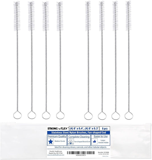 Strong 'n Flex Nylon Straw Cleaner Brushes – Fan-Shaped End for Tight Spaces, Ideal for Reusable Straws, Water Bottles, Sippy Cups & Pipes – Includes Zippered Pouch – 8" Long – Set of 8