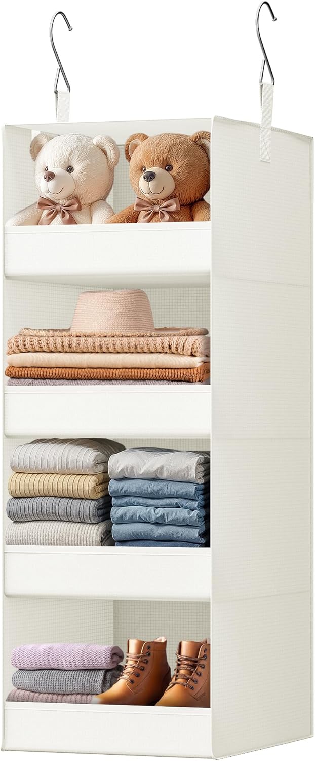GRANNY SAYS 4-Shelf Hanging Organizer, Closet Hanging Shelves, Closet Hanging Storage Organizers, Organization for Bedroom, Living Room, Baby Nursery, Camper Accessories, Beige, 1-Pack