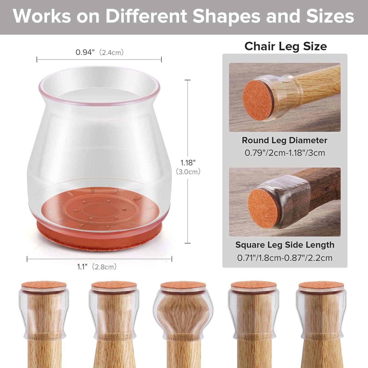 24PCS Upgraded Silicone Chair Leg Floor Protectors for Hardwood Floors, Furniture Sliders for Chair Legs, Felt Bottom Furniture Pads, Anti-Slip Round&Square Cap Covers to Scratch and Reduce Noise