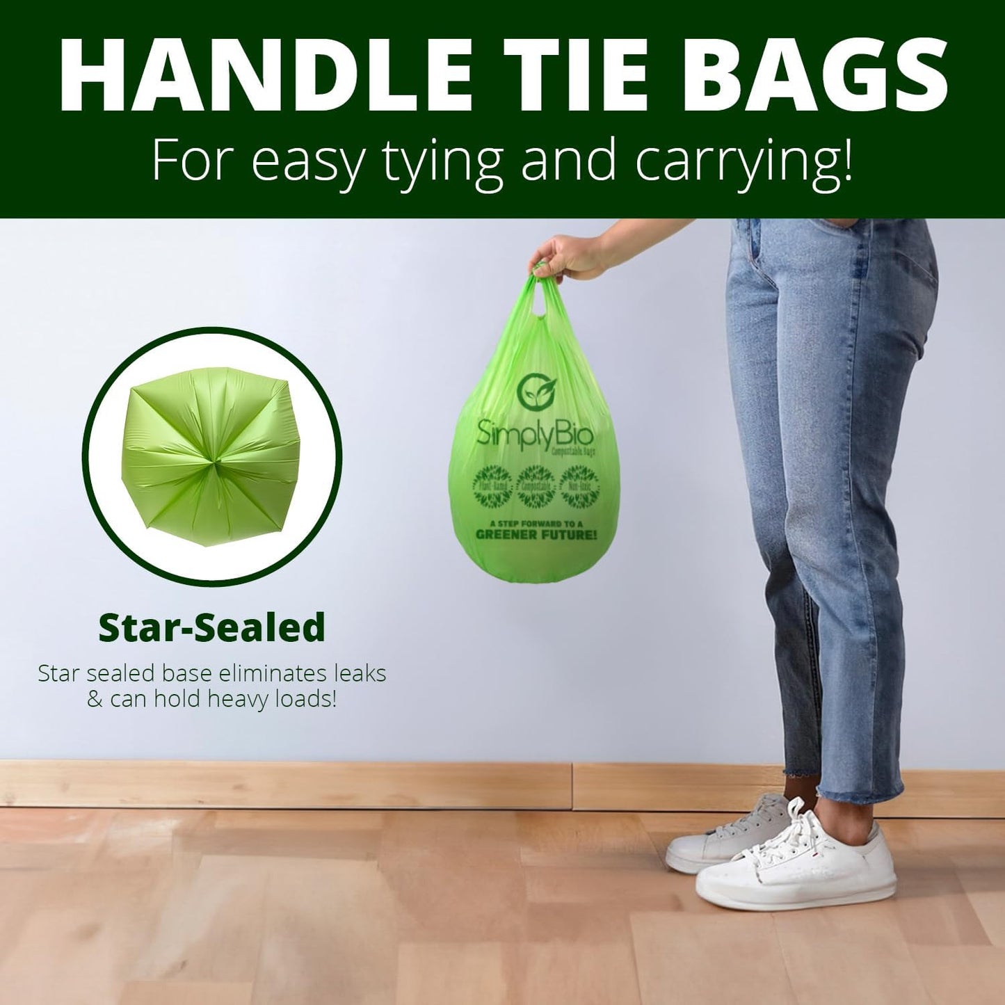 Simply Bio 3 Gallon Compostable Trash Bags Liners with Handle-Tie, Thick 0.67 Mil, 11.36 Liter, 80 Bags, Small Kitchen Food Scrap Waste Bag, ASTM D6400, US BPI and OK Compost Home Certified