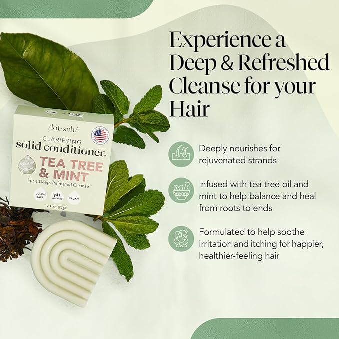 Kitsch Tea Tree & Mint Conditioner for Women and Men - Clarifying Anti Dandruff Solid Conditioner Bar - Hair Color Safe, Hair Care for All Hair Types - Organic, Vegan, Sulfate Free - 2.7 oz