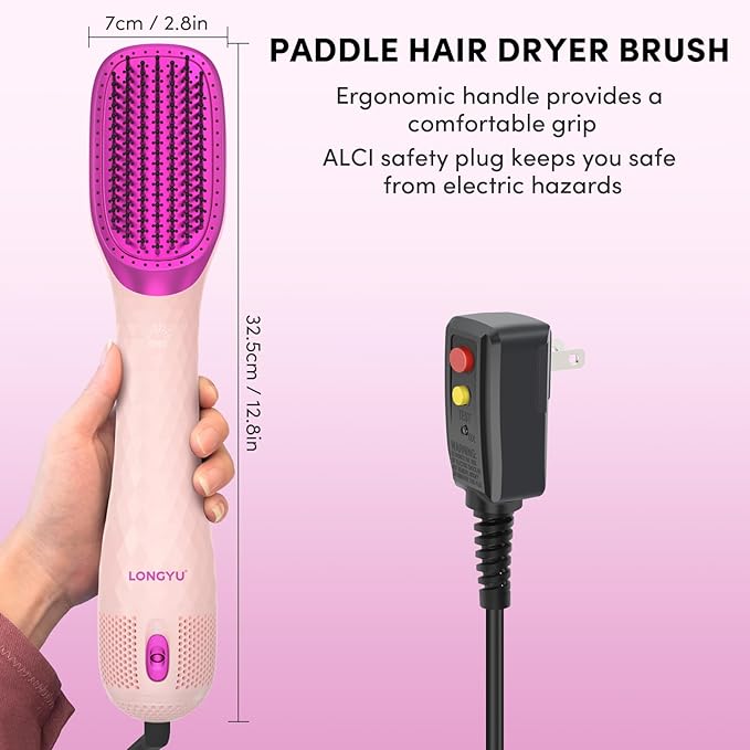 Longyu 3 in 1 Hair Blow Dryer Brush 1200W Negative Ionic Hot Air Brush with Ceramic & Tourmaline Technology One Step Hair Dryer and Styler for Straightening Drying Smoothing (Pink)