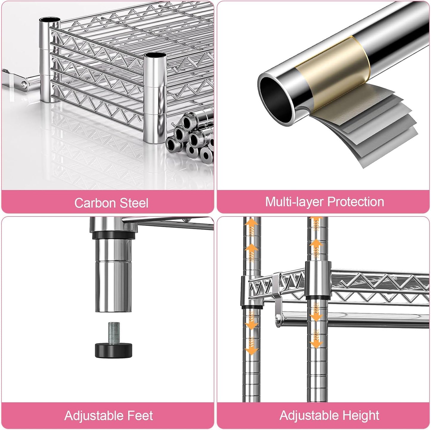 Heavy Duty Rolling Garment Rack 3 Tiers Adjustable Wire Shelving Clothes Rack with 1 Rods and Side Hooks,Storage Closet Clothing Rack with Wheels Chrome 15.7" D x 45.3" W x 75.6" H