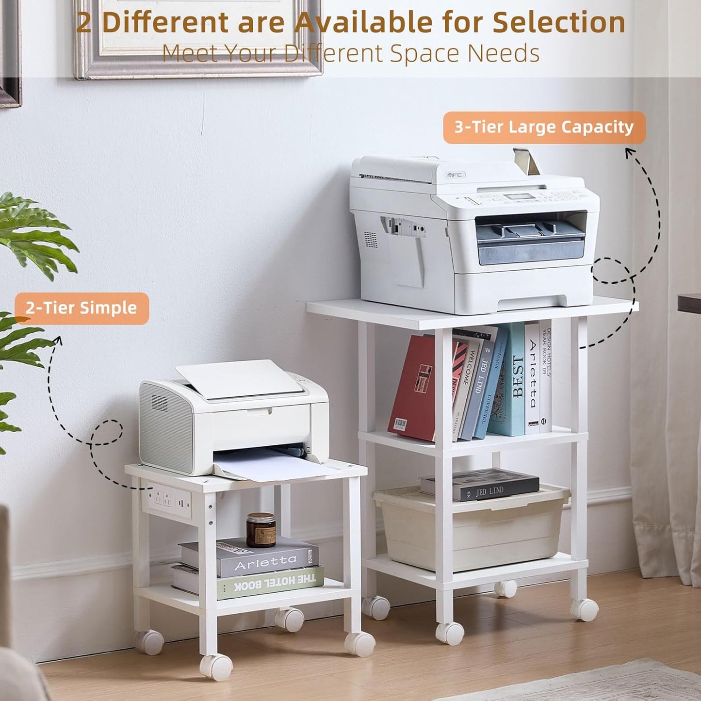 Lerliuo Under Desk Printer Stand with Charging Station, 2 Tier Wooden Small Printer Table with Storage, Rolling Printer Cart Shelf with Lockable Wheels for Home, Office (White)