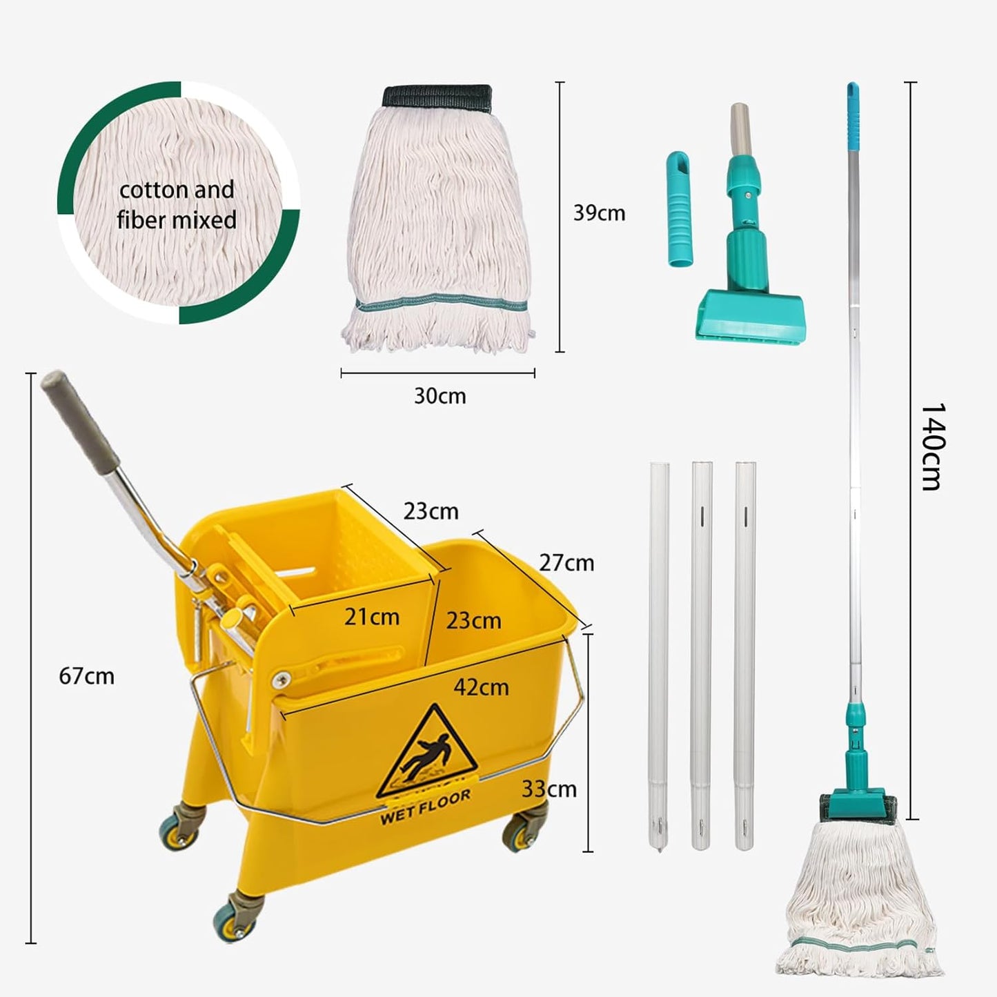 22 Qt (5.5 Gallon) Mop Bucket with Wringer for Floor Cleaning, Handle, Wheels, 16.5" L x 10.6" W x 26.4" H, Yellow,Add One Loop-end String Mop